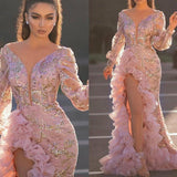 Long Homecoming Dresses Sexy Hip Sequin Pink Mesh Evening Dress