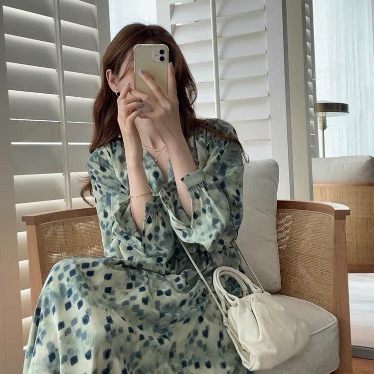 Emerald Green Dress V-neck Tight Waist Long Floral