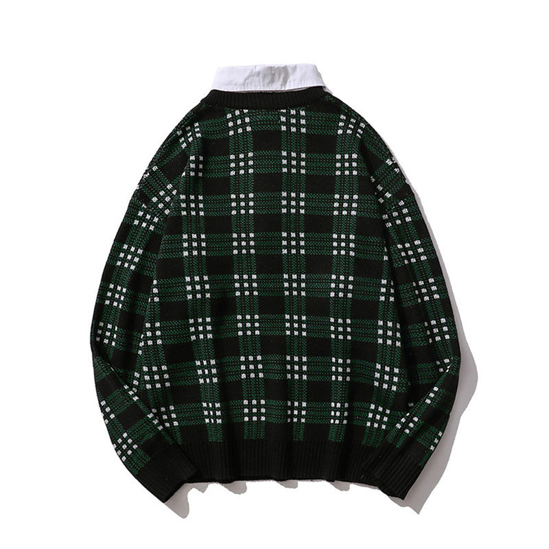 Men Sweater Fake Two-Piece Plaid Sweater Men's Pullover