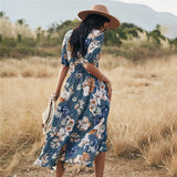 Coachella Music Festival Outfits Summer Print Short Sleeved Black Dress Beach Dress Waist Dress