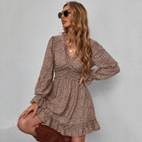 Coachella Music Festival Outfits Ruffles V-neck Floral Cake Dress Long Sleeve Women plus Size