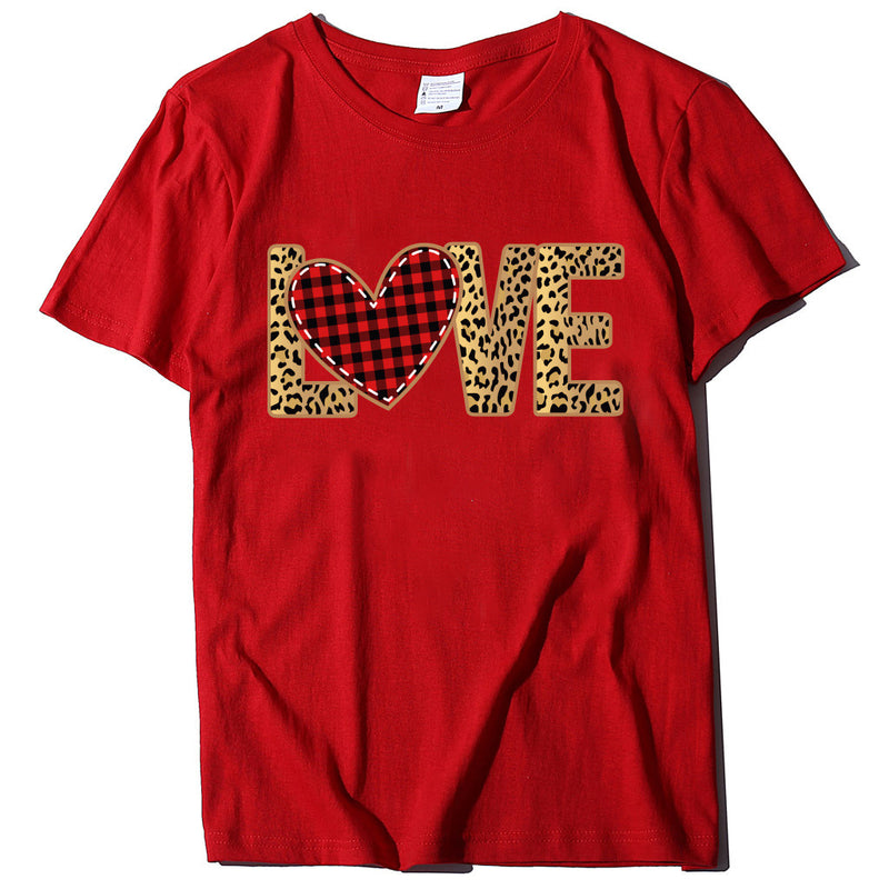Valentine's Day T Shirt Large Size T-shirt Short Sleeve Leopard Print Love Red Plaid Heart Printing Spring and Summer
