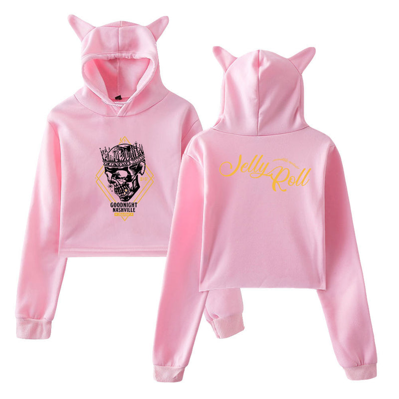 Jelly Roll Hoodie Cat Ears Exposed Navel Hooded Sweater For Women