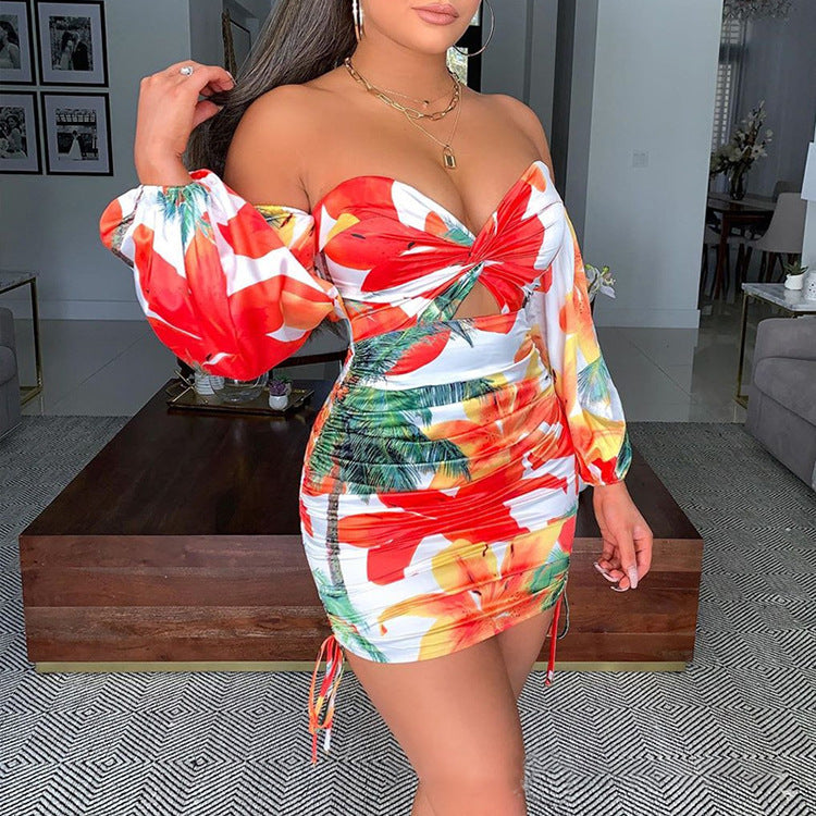Kendall Jenner Wedding Guest Dress Red Bardot Printed Hip Skirt Slimming Temperament