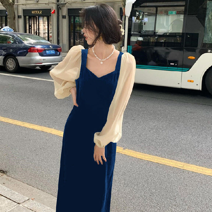 Blue Velvet Dress Waist Slimming Square Collar Puff Sleeve