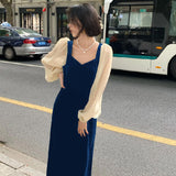Blue Velvet Dress Waist Slimming Square Collar Puff Sleeve