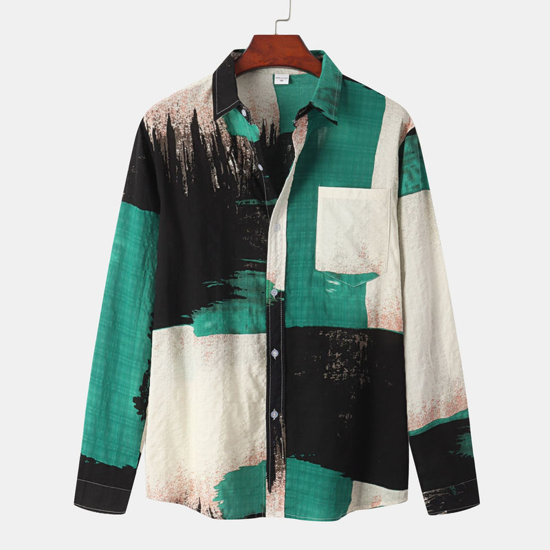 Camp Collar Shirt Beach Print Long Sleeve