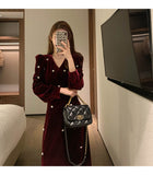 Long Sleeve Burgundy Dress Formal Red Temperament Midi Dress Pleuche Dress