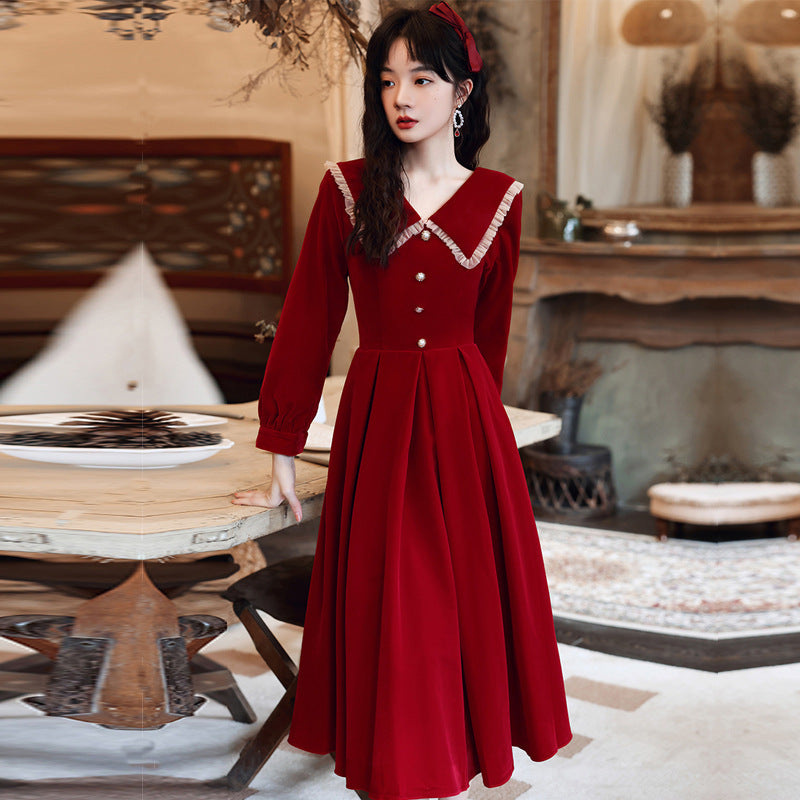 Long Sleeve Burgundy Dress Formal Autumn Red Long Sleeve Midi Dress