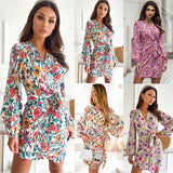 MIDI Mauve Wrap Dress Long Sleeve High Waist V-neck Printed Elegant Dress Women's Short Skirt