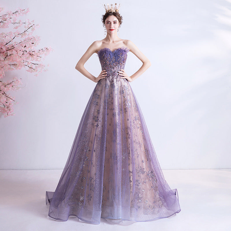 Mauve Dress Bridesmaid Autumn Sexy Tube Top Purple Sequins Starry Skirt Wedding