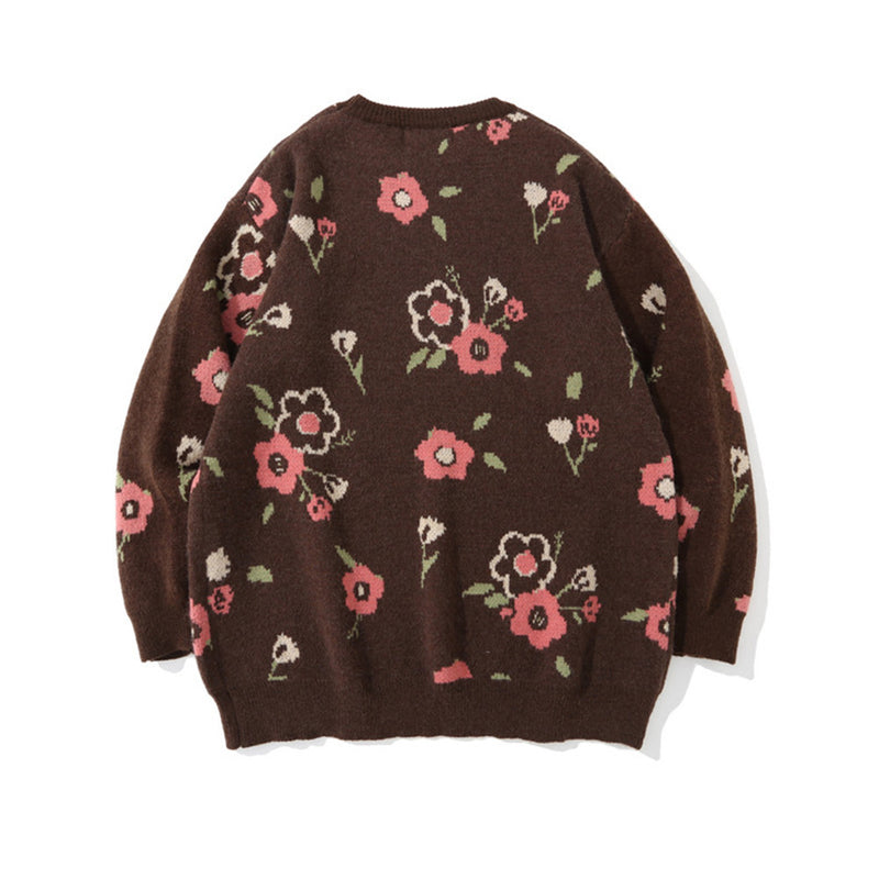 Men Sweater Flower Jacquard Knitted Sweater Men's Loose round Neck Sweater