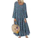 Gypsy Style Dresses Blue Small Floral Print Long Sleeve round Neck Loose