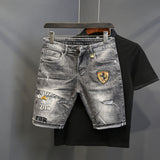 Men Denim Shorts Summer Thin Slim Cropped Pants Ripped Eagle Head Embroidery