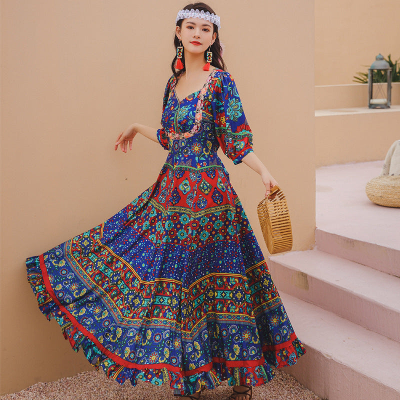 Gypsy Style Dresses Printed Long Dress Ethnic Style Embroidered High Waist Big Swing