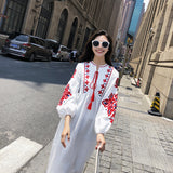 Coachella Music Festival Outfits Retro Lantern Sleeve Cotton and Linen Embroidered Dress Long Skirt