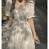 Regency Dress Cream Floral Dress Puff Sleeve Chiffon