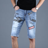 Men Denim Shorts Summer Thin Slim Cropped Pants Ripped Eagle Head Embroidery