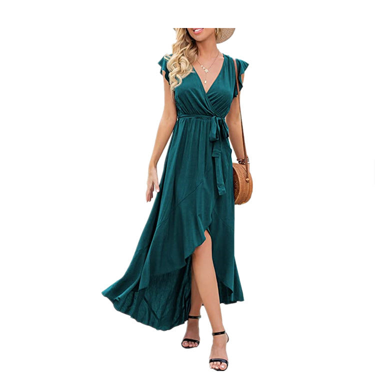 Emerald Green Dress Solid Color Short Sleeve Split Long Dress