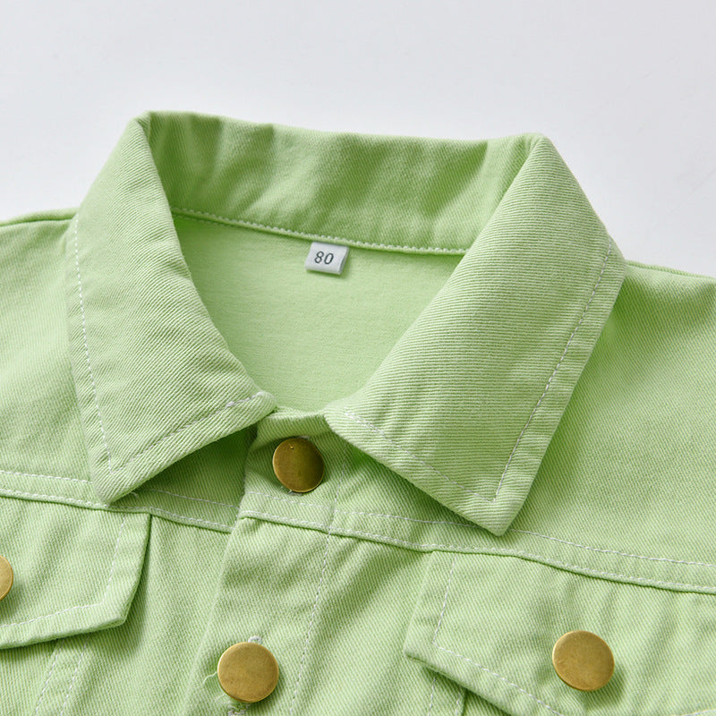 Children Jean Jackets Spring and Autumn Green Fashionable Jacket Lapel Long Sleeve Short
