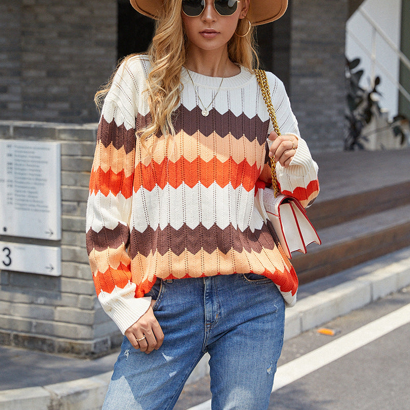Women Pullover Knit Sweater Autumn and Winter Striped Stitching Contrast Color Sweater Women