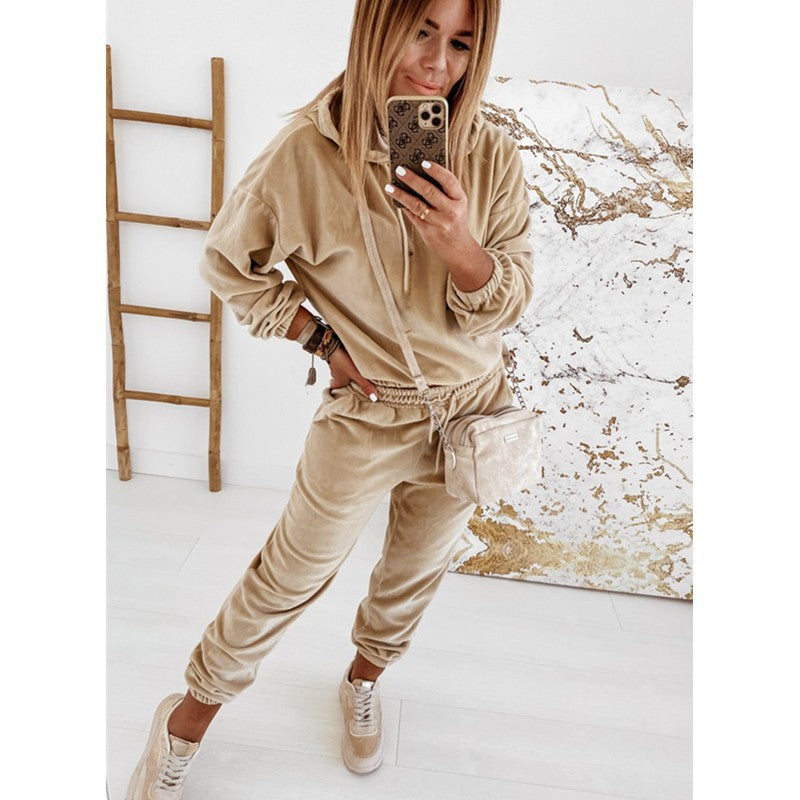 Velour Tracksuit Autumn and Winter Women's Solid Color Gold Velvet Hooded Long-Sleeved Sweater Casual Suit