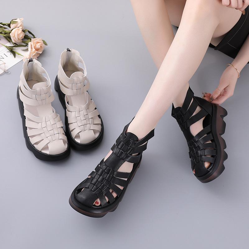 Highway Flat Sandals Summer Height Increasing Fashion Genuine Leather High-Top Platform Closed Toe Sandals for Women