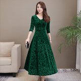 Blue Velvet Dress Pleuche Long Sleeve Swing Skirt