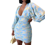 MIDI Mauve Cocktail Dress Autumn Puff Sleeve V-neck Elegant Slim Print Dress