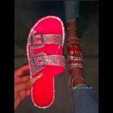 Women Open Toe Sandals Flats Summer Rhinestone Square Heel Sandals Low Heel Beach Shoes