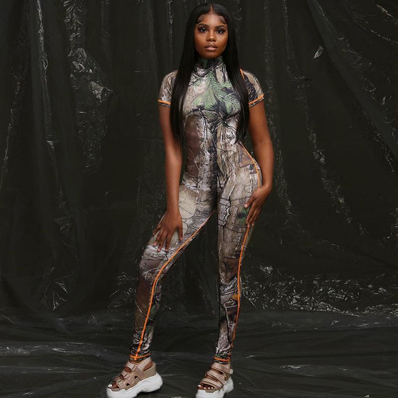 Summer women's fashion printed short-sleeved hip-lifting sports jumpsuit women