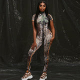 Summer women's fashion printed short-sleeved hip-lifting sports jumpsuit women