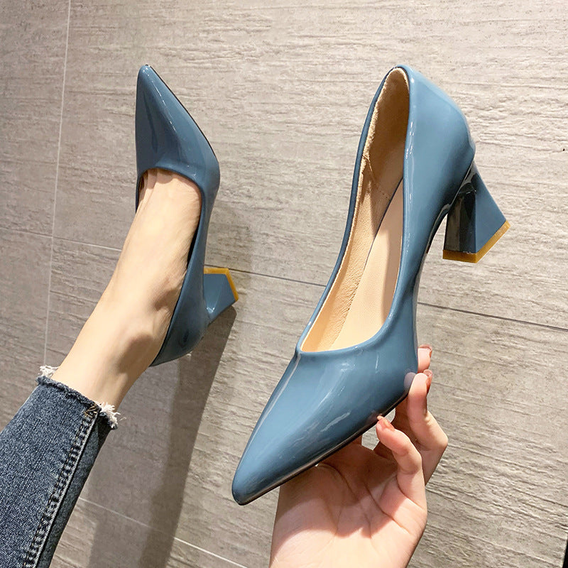 Nude Block Heels Summer Chunky Heel Soft Patent Leather Chunky Heel