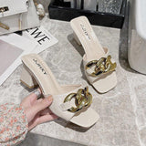 High Heels Ladies Sandals Summer High Heel Metal Chain Casual Slippers