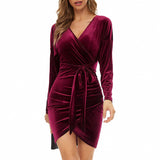 Long Sleeve Burgundy Dress Formal Autumn and Winter V-neck Slim Fit Sexy Tight