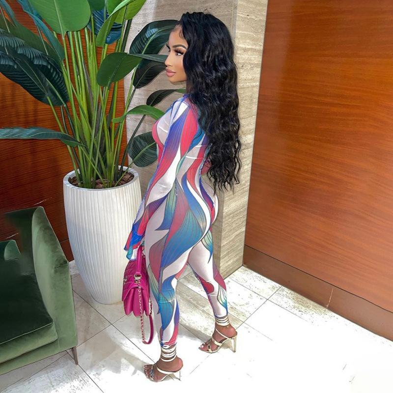 Autumn Sexy Hollow Mesh Printing High Waist Tight Sports Casual Jumpsuit