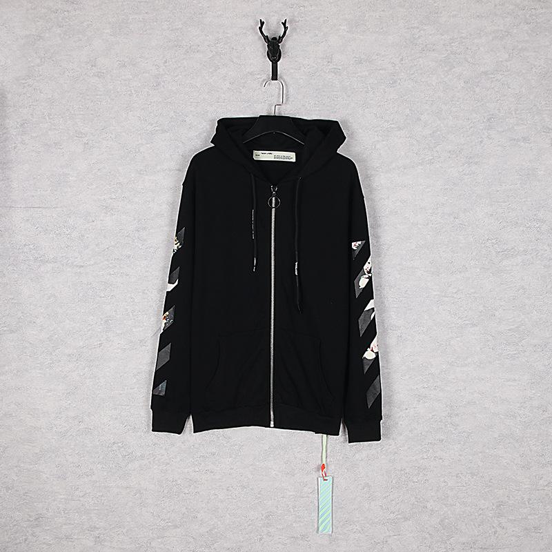 Off White Hoodie With Arrow Print Men'S Zipper Casual Comfortable Cotton Long Sleeve Owt