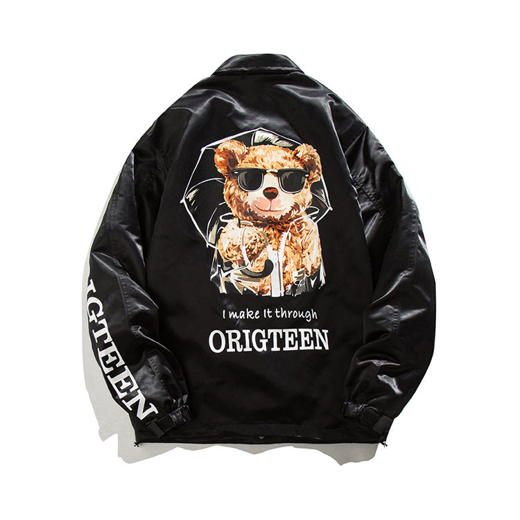 Man Fall Outfis Autumn New Simple Alphabet Cartoon Bear Printed Casual Jacket Couple's Tops