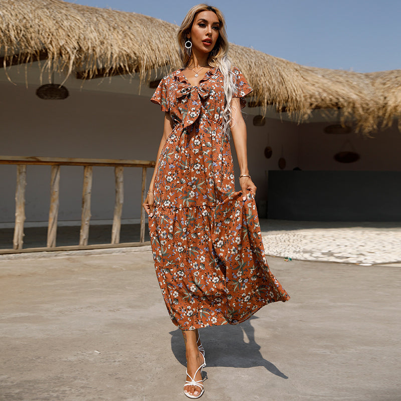 Coachella Music Festival Outfits Women's V-neck Bundle Floral Print Casual Ladies Dress