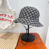 Vintage Check Bucket Hat Denim Flat Top Foldable Soft Brim Bucket Hat