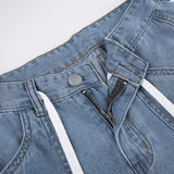 Julia Fox Low Rise Jeans Distressed Blue Line Split Low Waist Drawstring Loose Pockets Stitching Casual Trousers