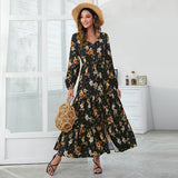 Coachella Music Festival Outfits V-neck High Waist Print Irregular Slit Dress