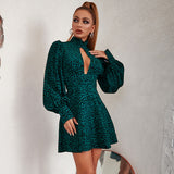 Coachella Music Festival Outfits Printed Pullover Stand Collar Short Skirt Waist-Tight Puff Sleeve