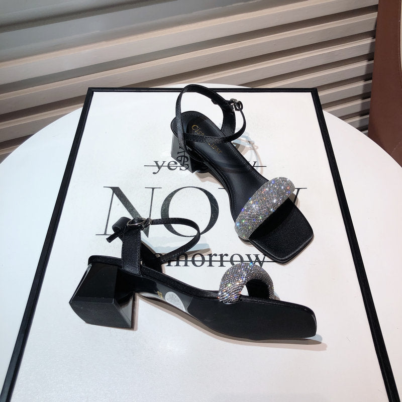 Nude Low Block Heel Word Buckled Chunky Heel Rhinestone Open Toe Square Head