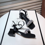 Nude Low Block Heel Word Buckled Chunky Heel Rhinestone Open Toe Square Head