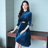 Blue Velvet Dress Pleuche Long Sleeve
