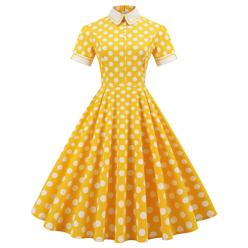 Regency Dress Royal Court Style Fresh Trim Contrast Color Turtleneck Yellow with Polka Dots Mid-Length Large Swing