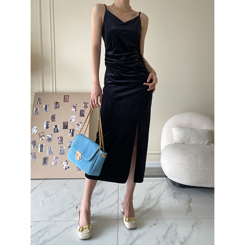 Blue Velvet Dress Split Suspender Skirt