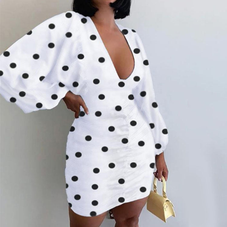 MIDI Mauve Cocktail Dress Autumn Puff Sleeve V-neck Elegant Slim Print Dress