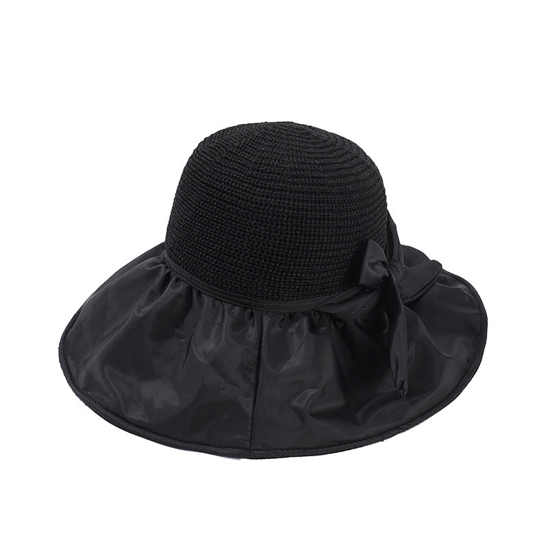 Women Bucket Hat Straw Bow Big Brim Vinyl Sun Protective